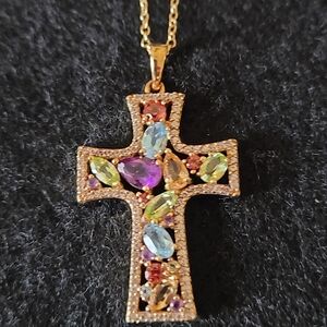 Multicolor Gemstone Cross Necklace